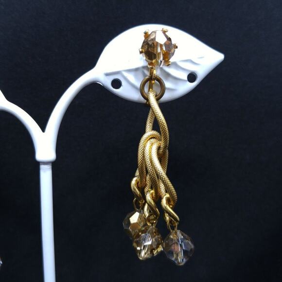 Vintage Crystal Beaded Earrings, Gold Metallic Clear Beads,  2 Inches - Picture 3 of 10